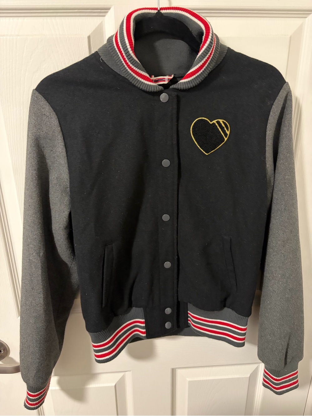 South Pole Bomber Jacket Black and Gray Varsity Jacket with Heart Patch